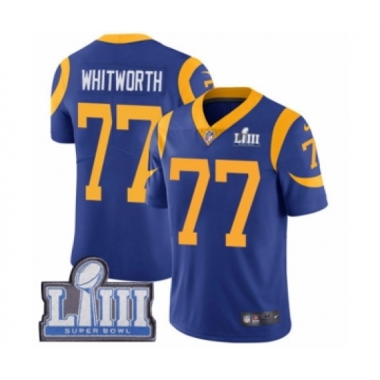 Youth Nike Los Angeles Rams 77 Andrew Whitworth Royal Blue Alternate Vapor Untouchable Limited Player Super Bowl LIII Bound NFL Jersey