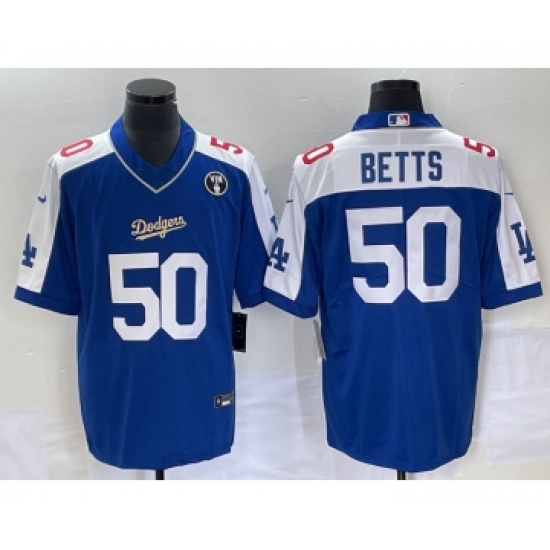 Men's Los Angeles Dodgers 50 Mookie Betts Blue Vin Scully Stitched Jersey