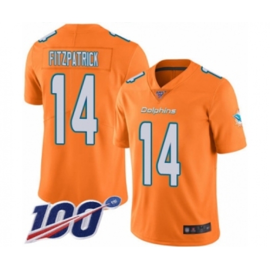 Men's Miami Dolphins 14 Ryan Fitzpatrick Limited Orange Rush Vapor Untouchable 100th Season Football Jersey