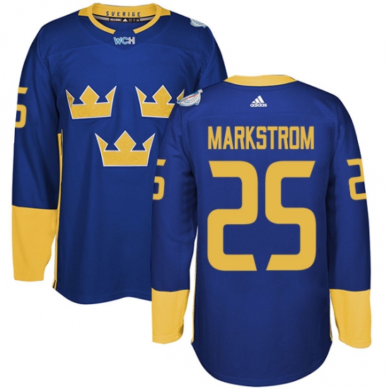 Men's Adidas Team Sweden 25 Jacob Markstrom Authentic Royal Blue Away 2016 World Cup of Hockey Jersey