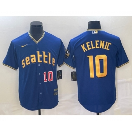 Men's Seattle Mariners 10 Jarred Kelenic Number Blue 2023 City Connect Cool Base Stitched Jersey