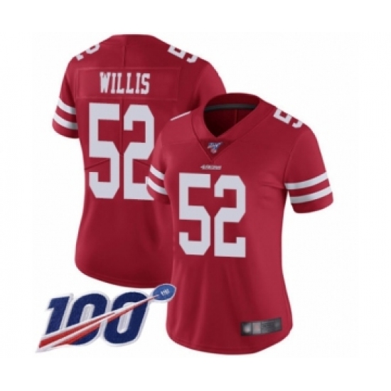 Women's San Francisco 49ers 52 Patrick Willis Red Team Color Vapor Untouchable Limited Player 100th Season Football Jersey