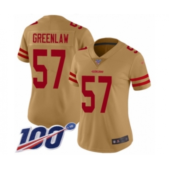 Women's San Francisco 49ers 57 Dre Greenlaw Limited Gold Inverted Legend 100th Season Football Jersey