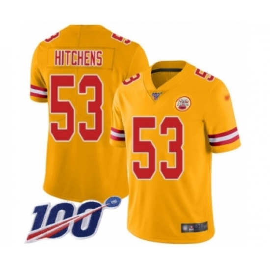 Men's Kansas City Chiefs 53 Anthony Hitchens Limited Gold Inverted Legend 100th Season Football Jersey