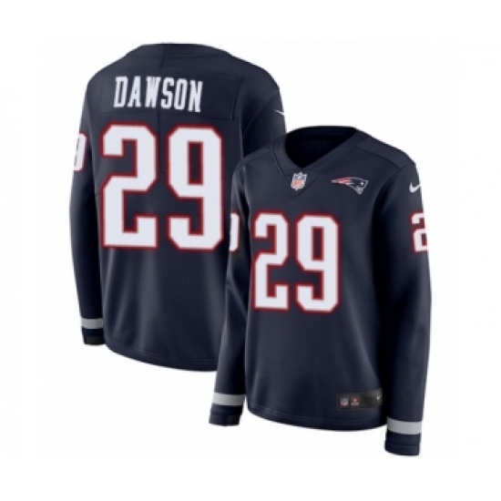 Women's Nike New England Patriots 29 Duke Dawson Limited Navy Blue Therma Long Sleeve NFL Jersey