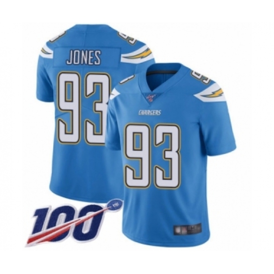 Men's Los Angeles Chargers 93 Justin Jones Electric Blue Alternate Vapor Untouchable Limited Player 100th Season Football Jersey