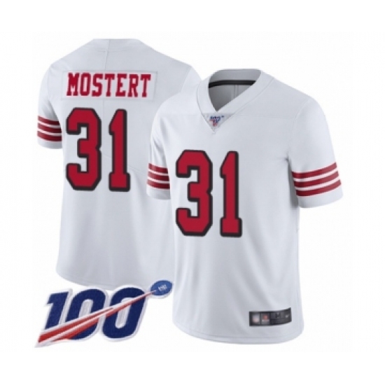 Men's San Francisco 49ers 31 Raheem Mostert Limited White Rush Vapor Untouchable 100th Season Football Jersey
