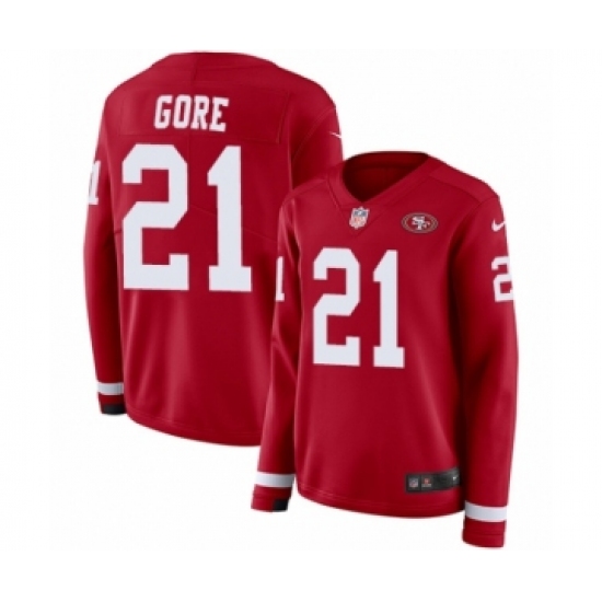Women's Nike San Francisco 49ers 21 Frank Gore Limited Red Therma Long Sleeve NFL Jersey