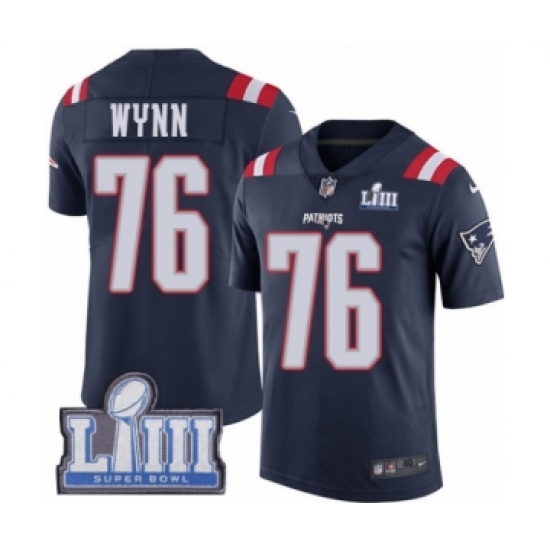 Men's Nike New England Patriots 76 Isaiah Wynn Limited Navy Blue Rush Vapor Untouchable Super Bowl LIII Bound NFL Jersey