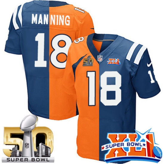 Men's Nike Denver Broncos 18 Peyton Manning Elite Orange/Royal Blue Split Fashion Super Bowl L & Super Bowl XLI NFL Jersey