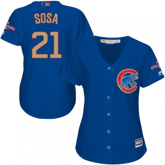 Women's Majestic Chicago Cubs 21 Sammy Sosa Authentic Royal Blue 2017 Gold Champion MLB Jersey