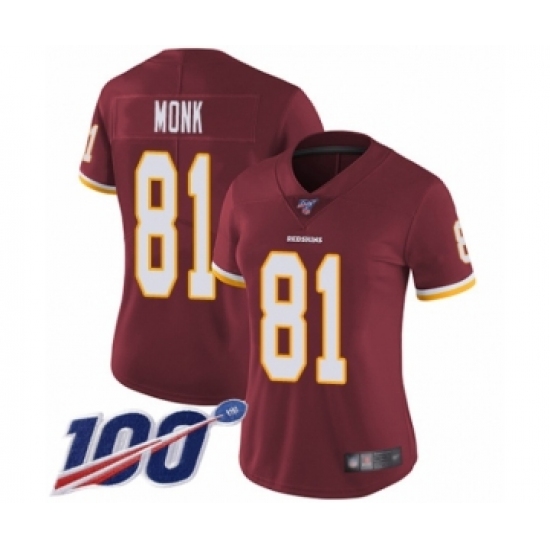 Women's Washington Redskins 81 Art Monk Burgundy Red Team Color Vapor Untouchable Limited Player 100th Season Football Jersey