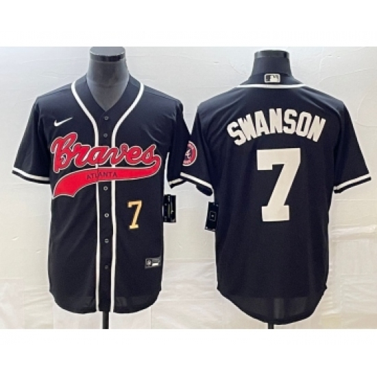 Men's Atlanta Braves 7 Dansby Swanson Number Black Cool Base Stitched Baseball Jersey
