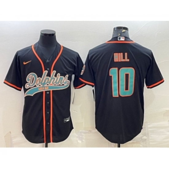 Men's Miami Dolphins 10 Tyreek Hill Black With Patch Cool Base Stitched Baseball Jersey