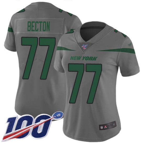 Women's New York Jets 77 Mekhi Becton Gray Stitched Limited Inverted Legend 100th Season Jersey