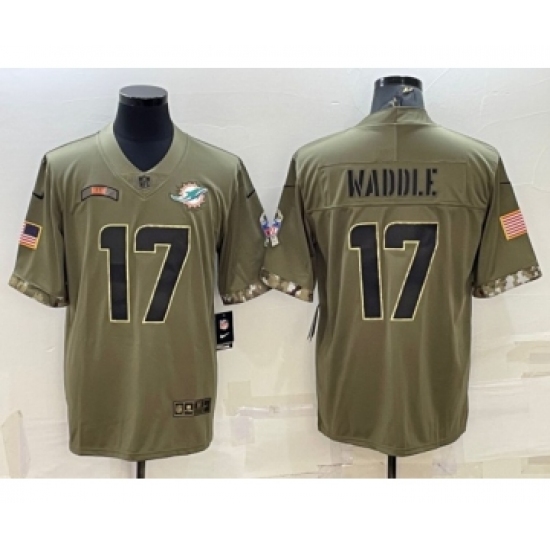 Men's Miami Dolphins 17 Jaylen Waddle 2022 Olive Salute To Service Limited Stitched Baseball Jersey