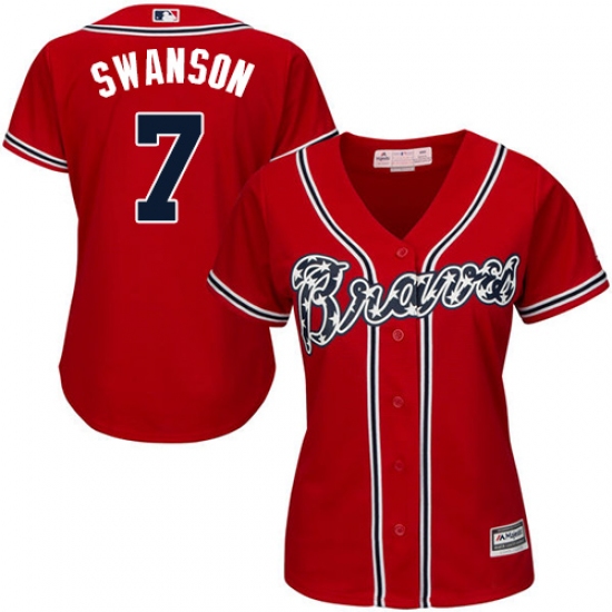 Women's Majestic Atlanta Braves 7 Dansby Swanson Authentic Red Alternate Cool Base MLB Jersey