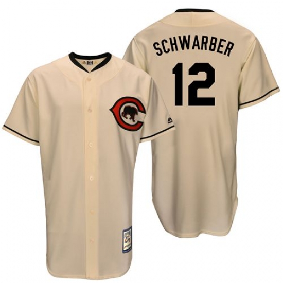 Men's Majestic Chicago Cubs 12 Kyle Schwarber Replica Cream Cooperstown Throwback MLB Jersey