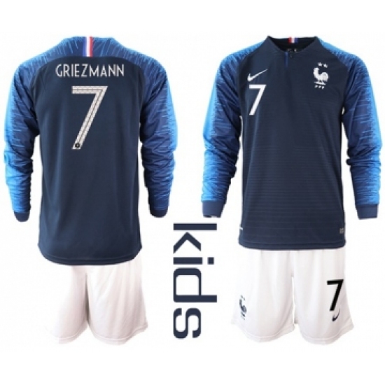 France 7 Griezmann Home Long Sleeves Kid Soccer Country Jersey