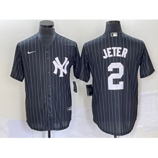 Men's Nike New York Yankees 2 Derek Jeter Black Pinstripe Cool Base Stitched Baseball Jersey
