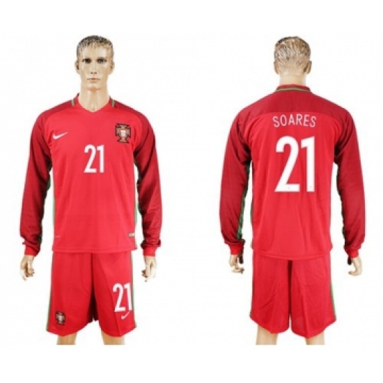 Portugal 21 Soares Home Long Sleeves Soccer Country Jersey