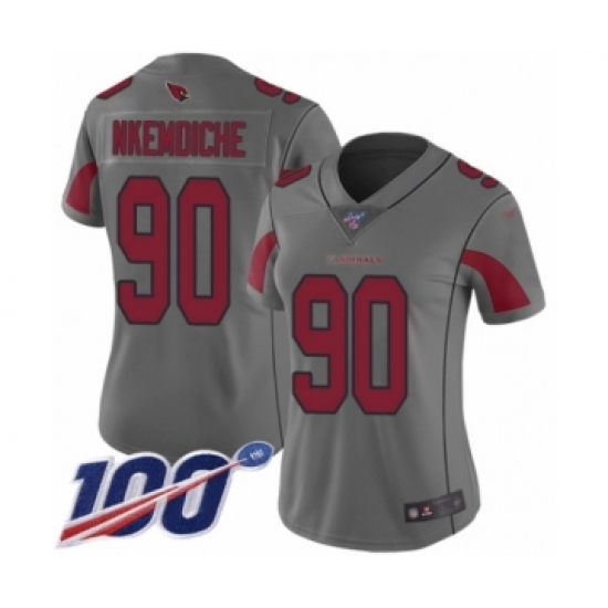Women's Arizona Cardinals 90 Robert Nkemdiche Limited Silver Inverted Legend 100th Season Football Jersey