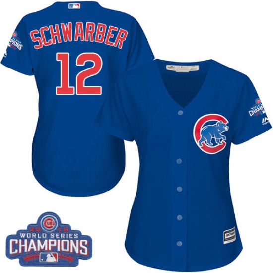 Women's Majestic Chicago Cubs 12 Kyle Schwarber Authentic Royal Blue Alternate 2016 World Series Champions Cool Base MLB Jersey
