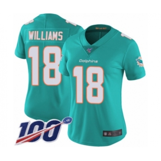 Women's Miami Dolphins 18 Preston Williams Aqua Green Team Color Vapor Untouchable Limited Player 100th Season Football Jersey