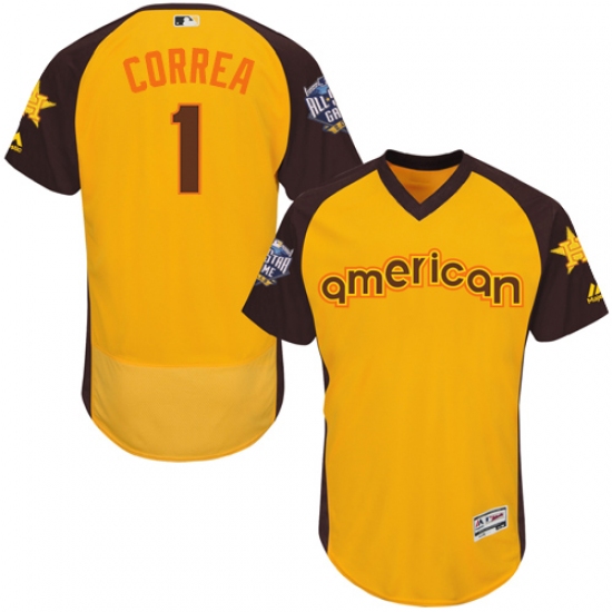 Men's Majestic Houston Astros 1 Carlos Correa Yellow 2016 All-Star American League BP Authentic Collection Flex Base MLB Jersey