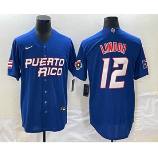 Men's Puerto Rico Baseball 12 Francisco Lindor 2023 Royal World Classic Stitched Jerseys