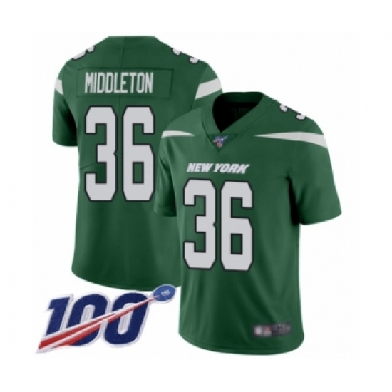 Men's New York Jets 36 Doug Middleton Green Team Color Vapor Untouchable Limited Player 100th Season Football Jersey