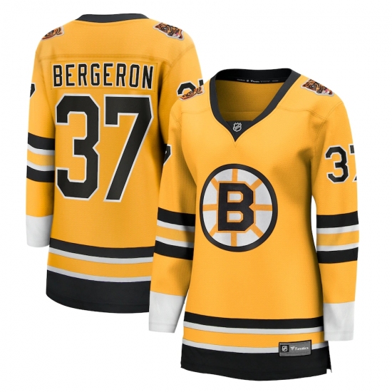 Women's Boston Bruins 37 Patrice Bergeron Fanatics Branded Gold 2020-21 Special Edition Breakaway Player Jersey