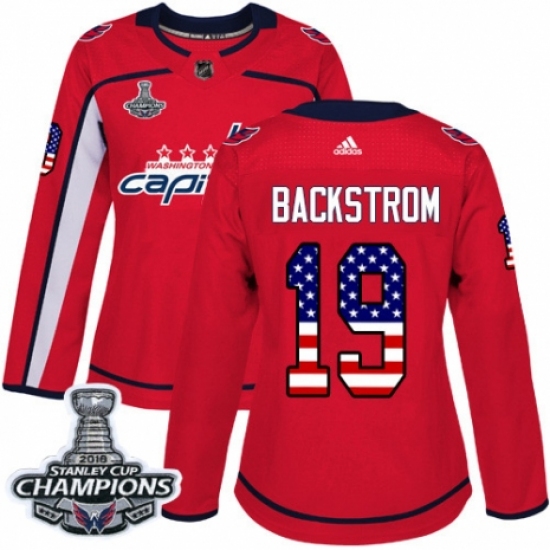 Women's Adidas Washington Capitals 19 Nicklas Backstrom Authentic Red USA Flag Fashion 2018 Stanley Cup Final Champions NHL Jersey