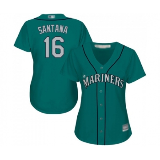Women's Seattle Mariners 16 Domingo Santana Replica Teal Green Alternate Cool Base Baseball Jersey