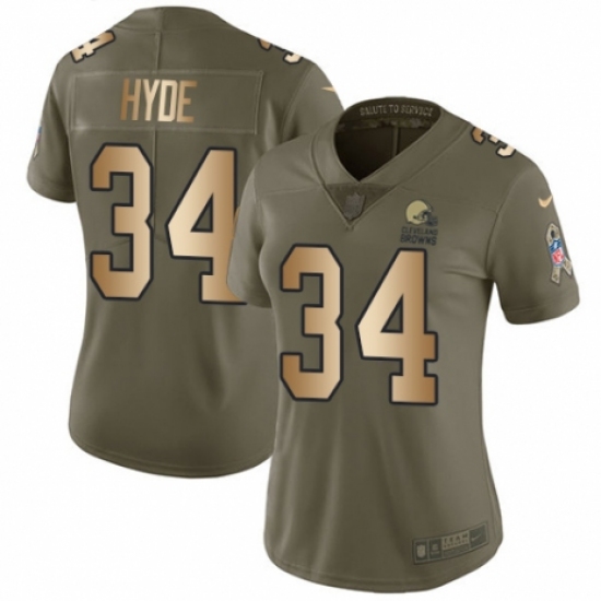 Women's Nike Cleveland Browns 34 Carlos Hyde Limited Olive/Gold 2017 Salute to Service NFL Jersey