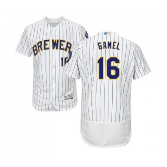 Men's Milwaukee Brewers 16 Ben Gamel White Home Flex Base Authentic Collection Baseball Jersey