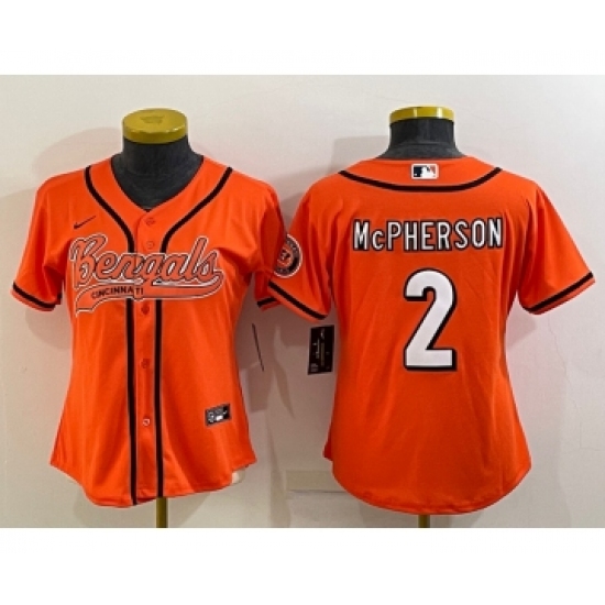 Women's Cincinnati Bengals 2 Evan McPherson Orange With Patch Cool Base Stitched Baseball Jersey