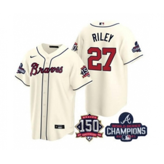 Men's Atlanta Braves 27 Austin Riley 2021 Cream World Series Champions With 150th Anniversary Patch Cool Base Stitched Jersey