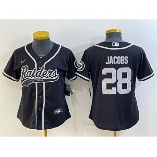 Women's Las Vegas Raiders 28 Josh Jacobs Black With Patch Cool Base Stitched Baseball Jersey(Run Small)