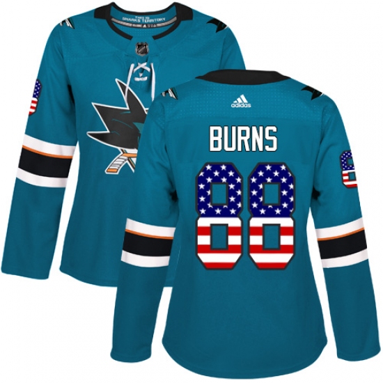 Women's Adidas San Jose Sharks 88 Brent Burns Authentic Teal Green USA Flag Fashion NHL Jersey