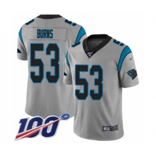 Men's Carolina Panthers 53 Brian Burns Silver Inverted Legend Limited 100th Season Football Jersey
