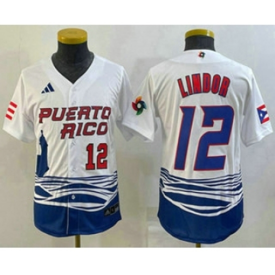 Youth Puerto Rico Baseball 12 Francisco Lindor Number 2023 White World Baseball Classic Stitched Jersey