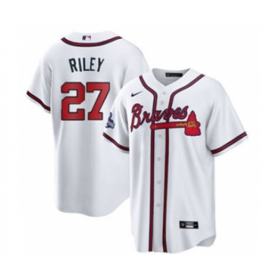 Men's Atlanta Braves 27 Austin Riley 2021 White World Series Champions Cool Base Stitched Jersey