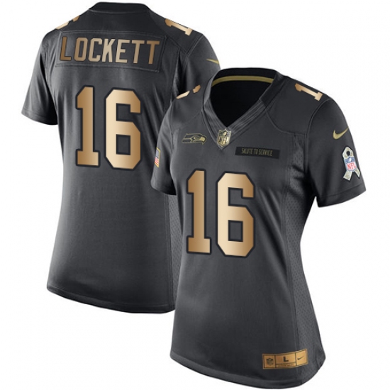 Women's Nike Seattle Seahawks 16 Tyler Lockett Limited Black/Gold Salute to Service NFL Jersey