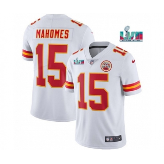 Men's Kansas City Chiefs 15 Patrick Mahomes White Super Bowl LVII Patch Vapor Untouchable Limited Stitched Jersey