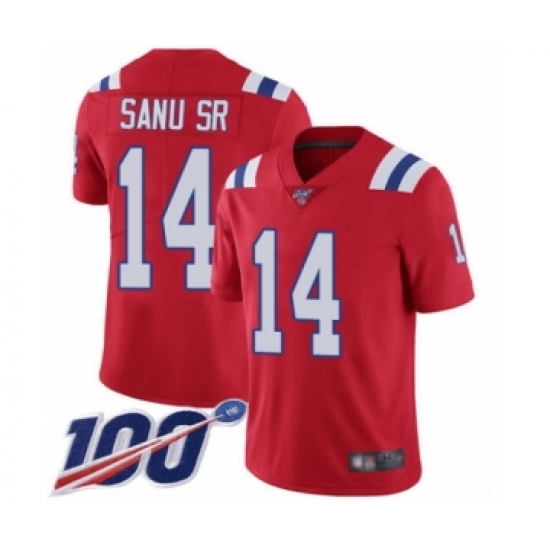 Youth New England Patriots 14 Mohamed Sanu Sr Red Alternate Vapor Untouchable Limited Player 100th Season Football Jersey