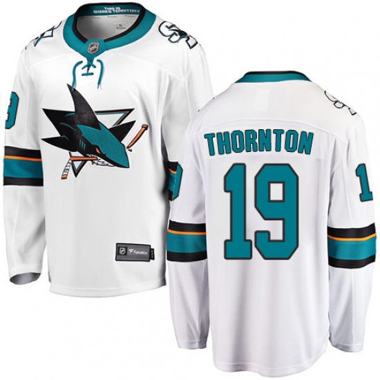 Youth San Jose Sharks 19 Joe Thornton Fanatics Branded White Away Breakaway NHL Jersey