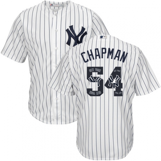 Men's Majestic New York Yankees 54 Aroldis Chapman Authentic White Team Logo Fashion MLB Jersey