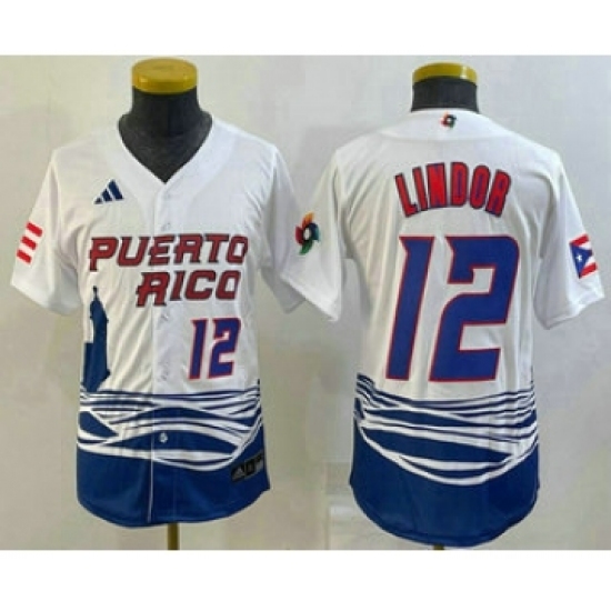 Youth Puerto Rico Baseball 12 Francisco Lindor Number 2023 White World Baseball Classic Stitched Jerseys