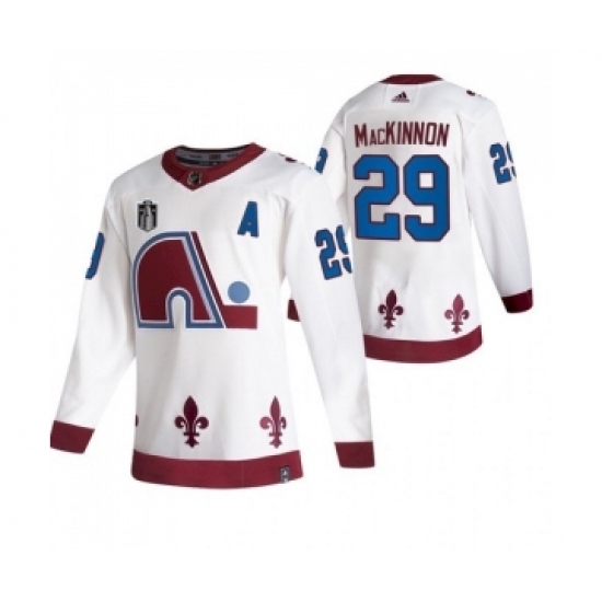 Men's Colorado Avalanche 29 Nathan MacKinnon White 2022 Stanley Cup Final Patch Reverse Retro Stitched Jersey